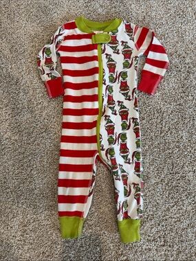 Hanna Andersson Red, White & Green Striped Grinch-Print One-Piece Footie